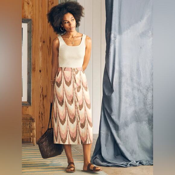 New Faherty Whitley Midi Skirt Cotton in Desert Ikat Button Down XXS - Picture 1 of 8
